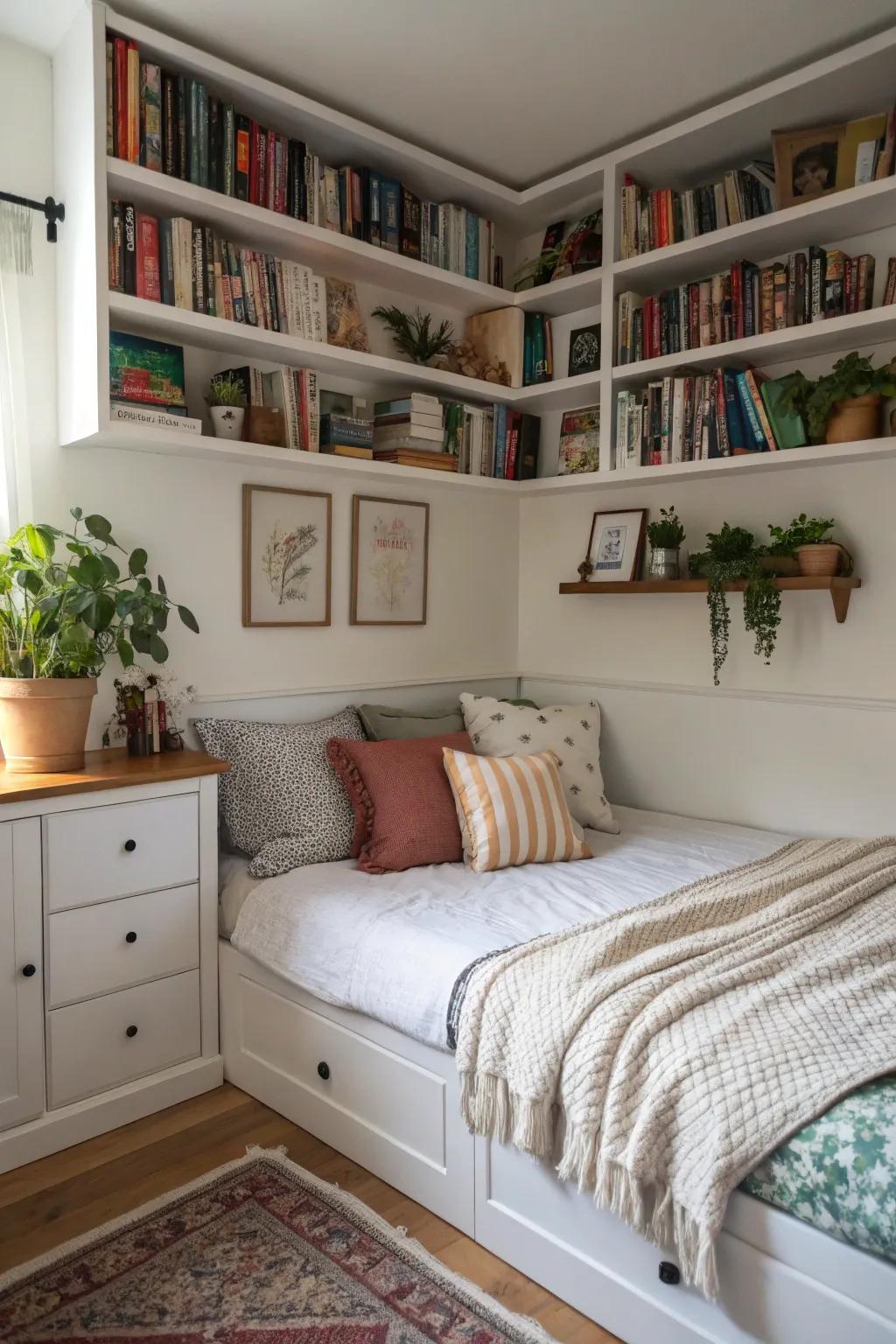 Wall shelves above a corner bed provide stylish storage solutions.
