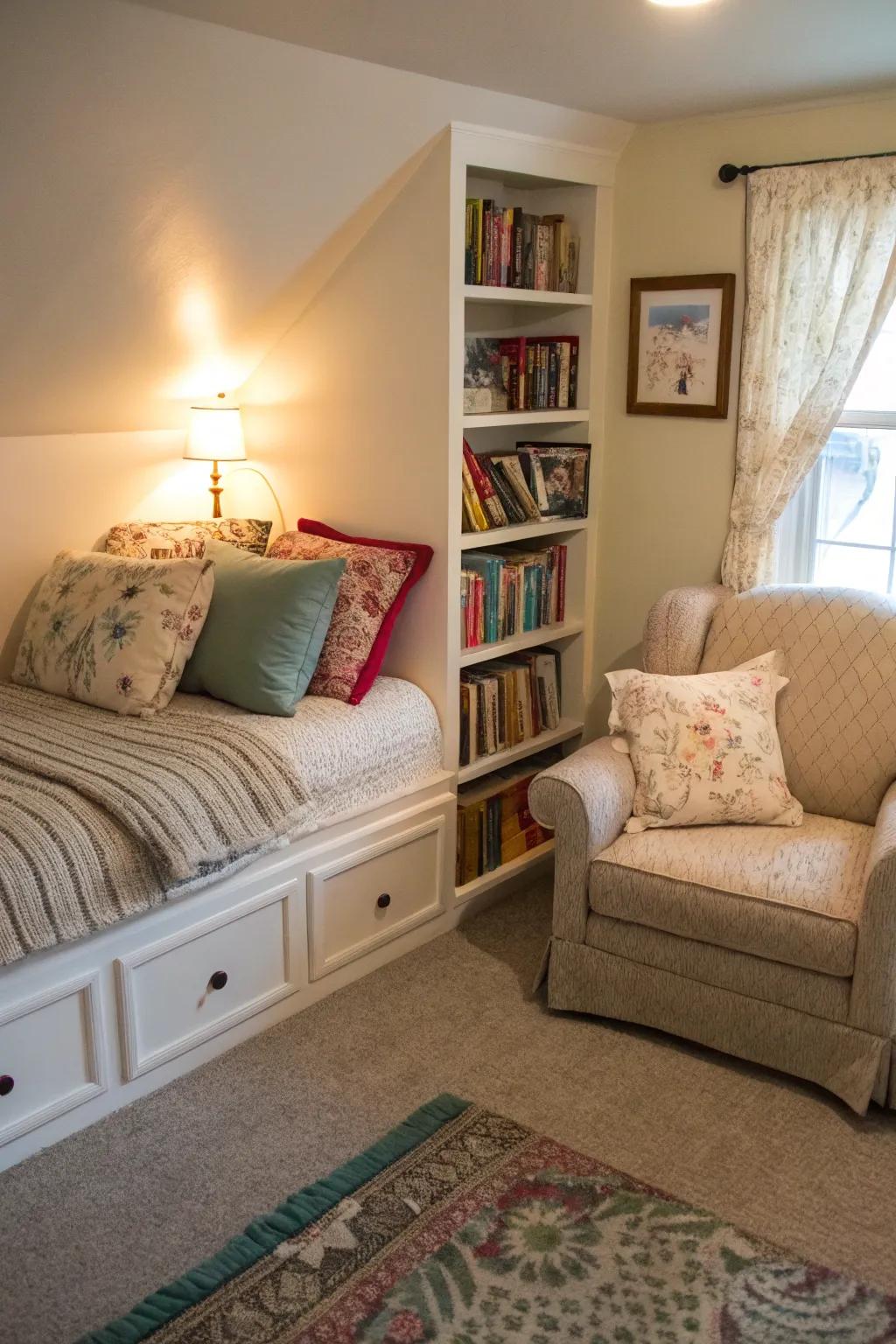 A cozy reading corner adjacent to a corner bed.