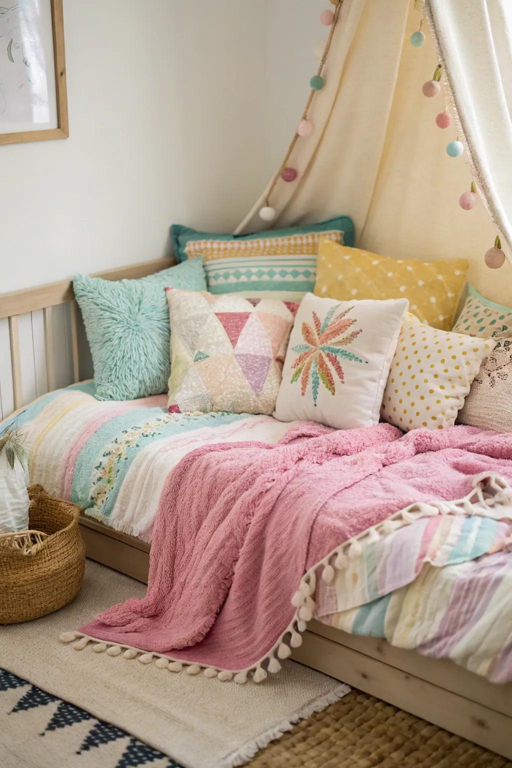 A corner bed enhanced with soft cushions and cozy throws.
