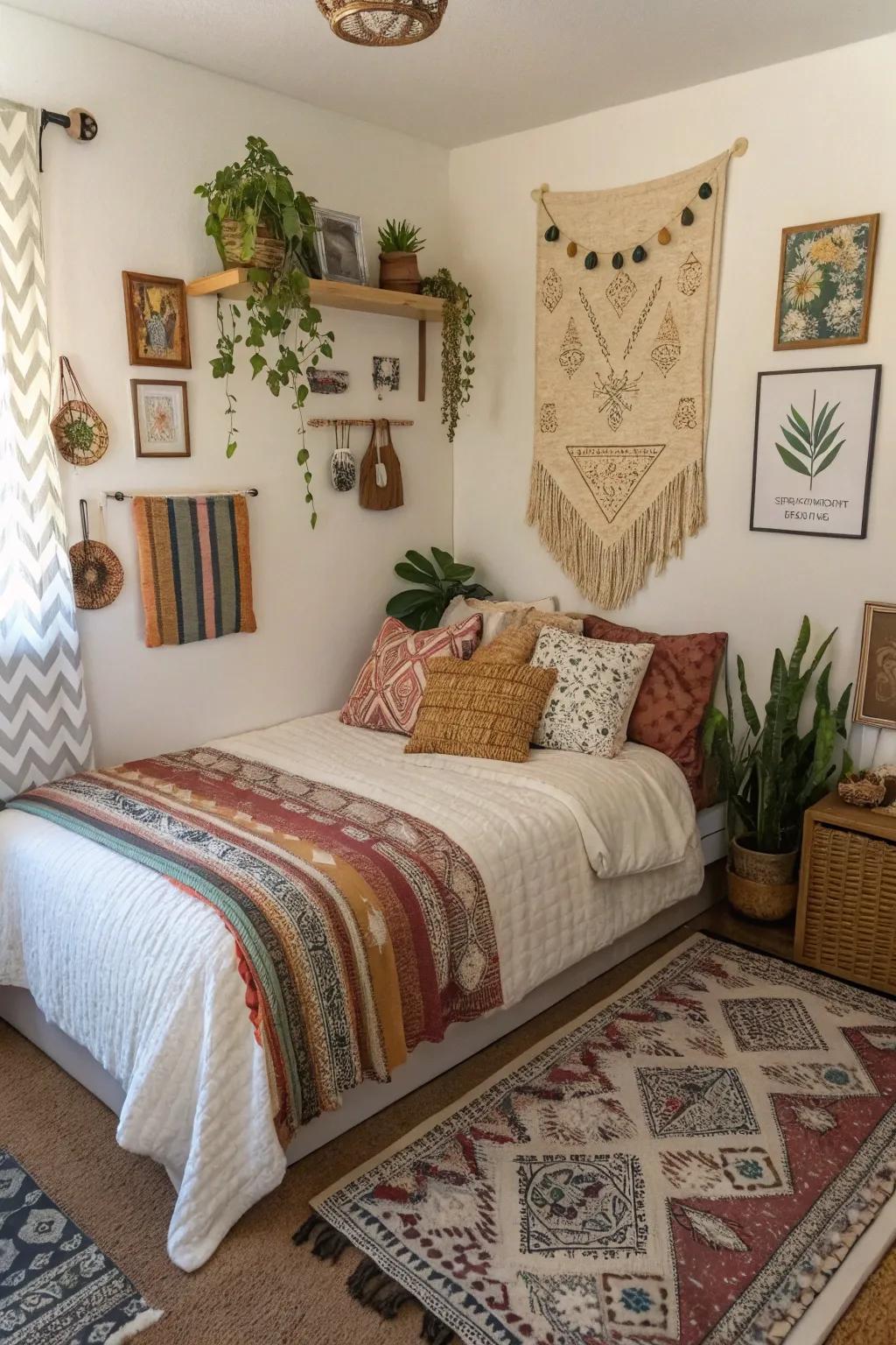 Bohemian-inspired decor adds warmth and personality to a corner bed.