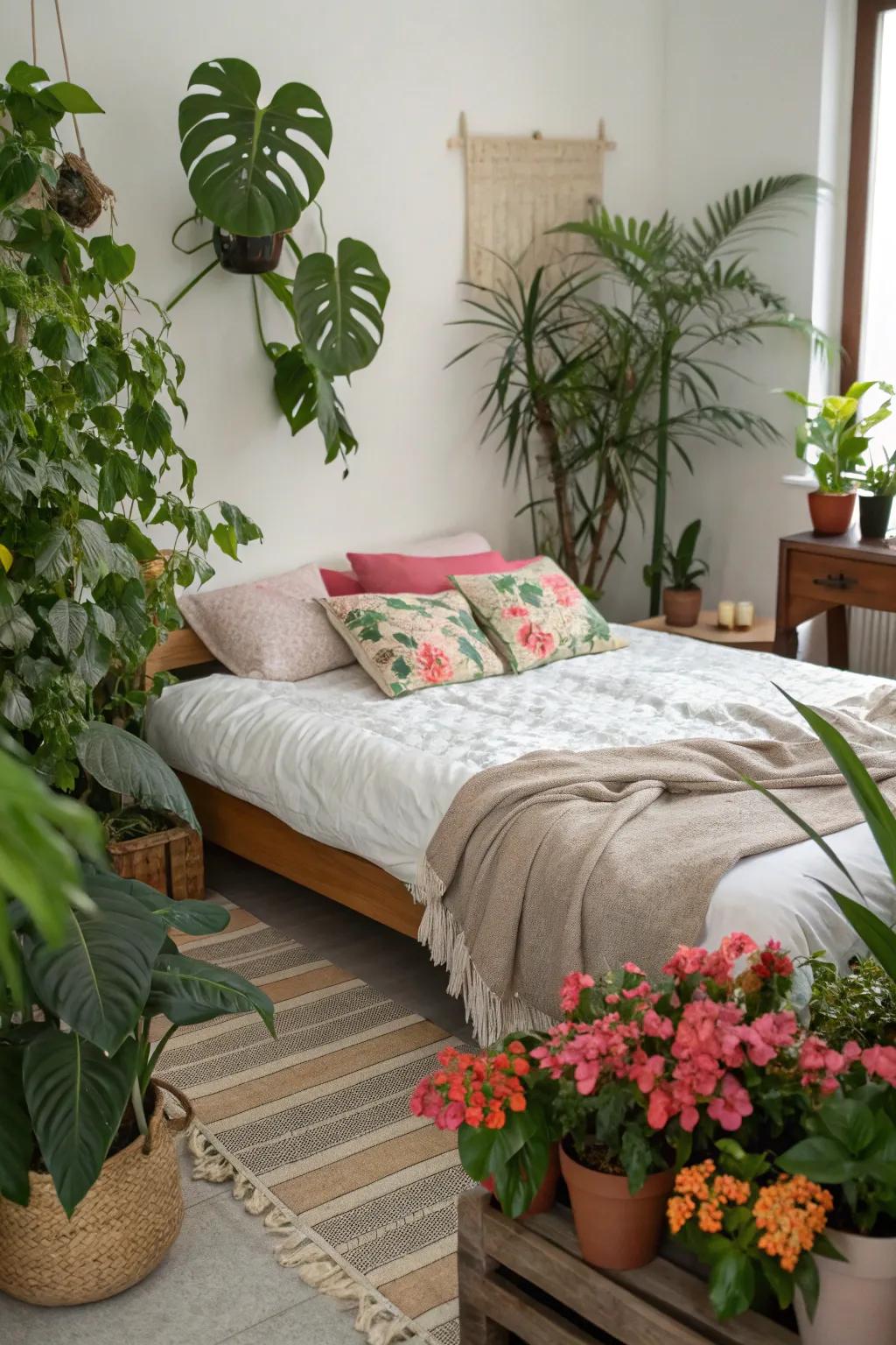 Lush indoor plants enhancing a bedroom corner.