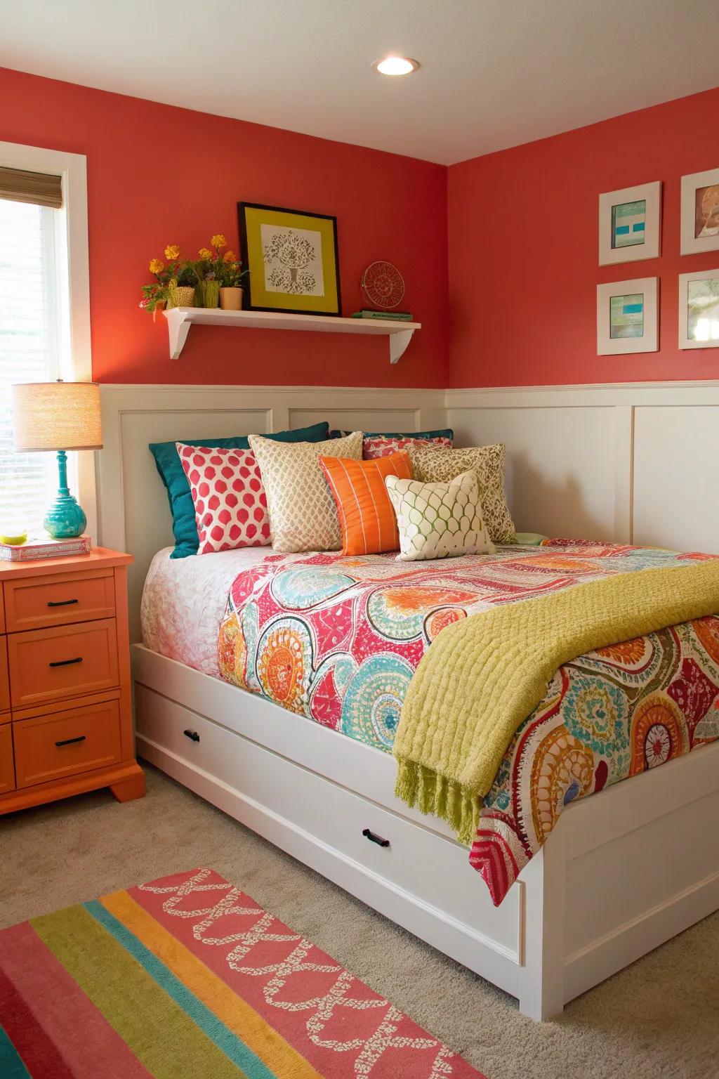 A corner bed area energized by bright colors.