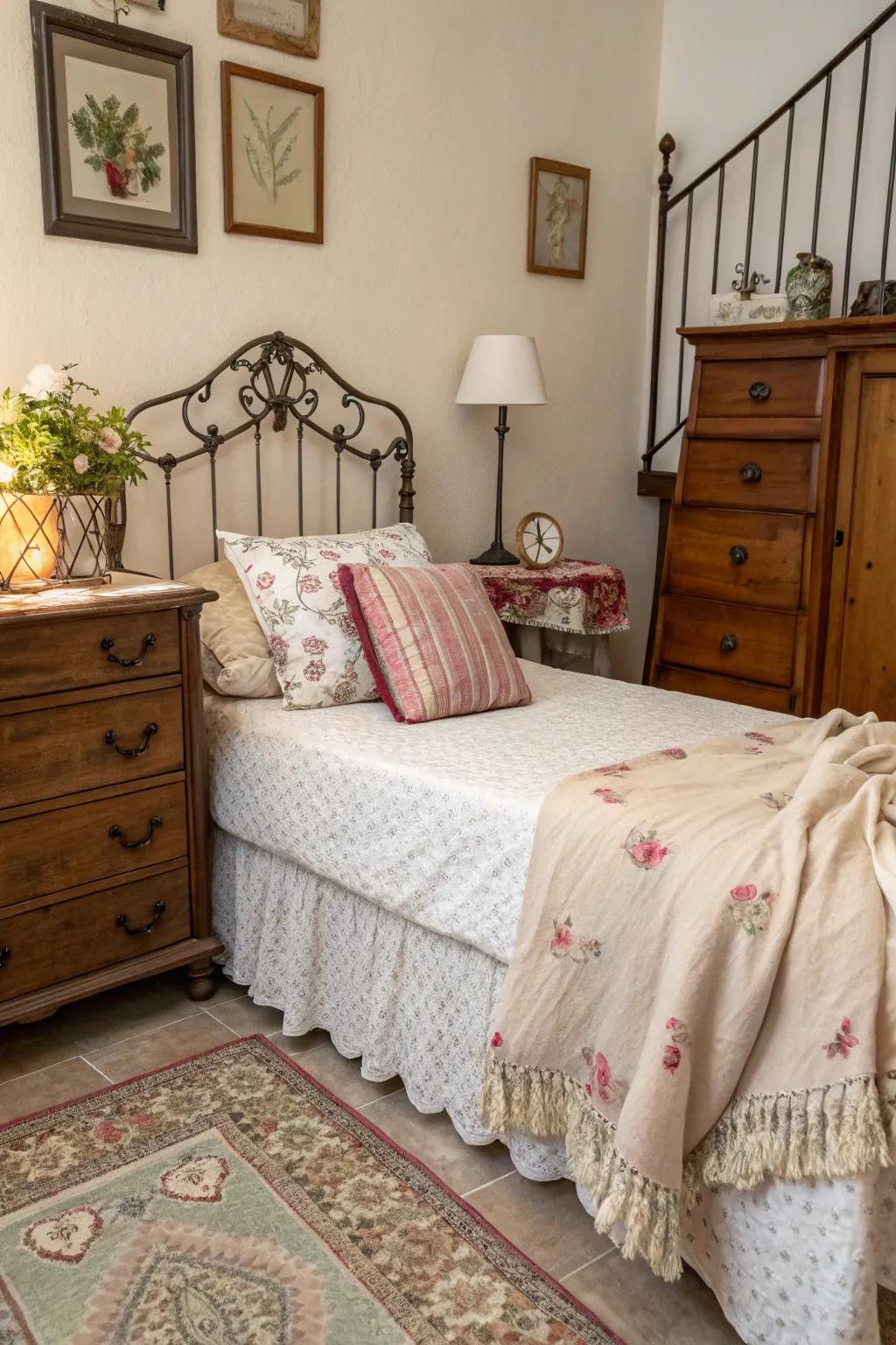 Antique furniture adding charm to a corner bed setup.