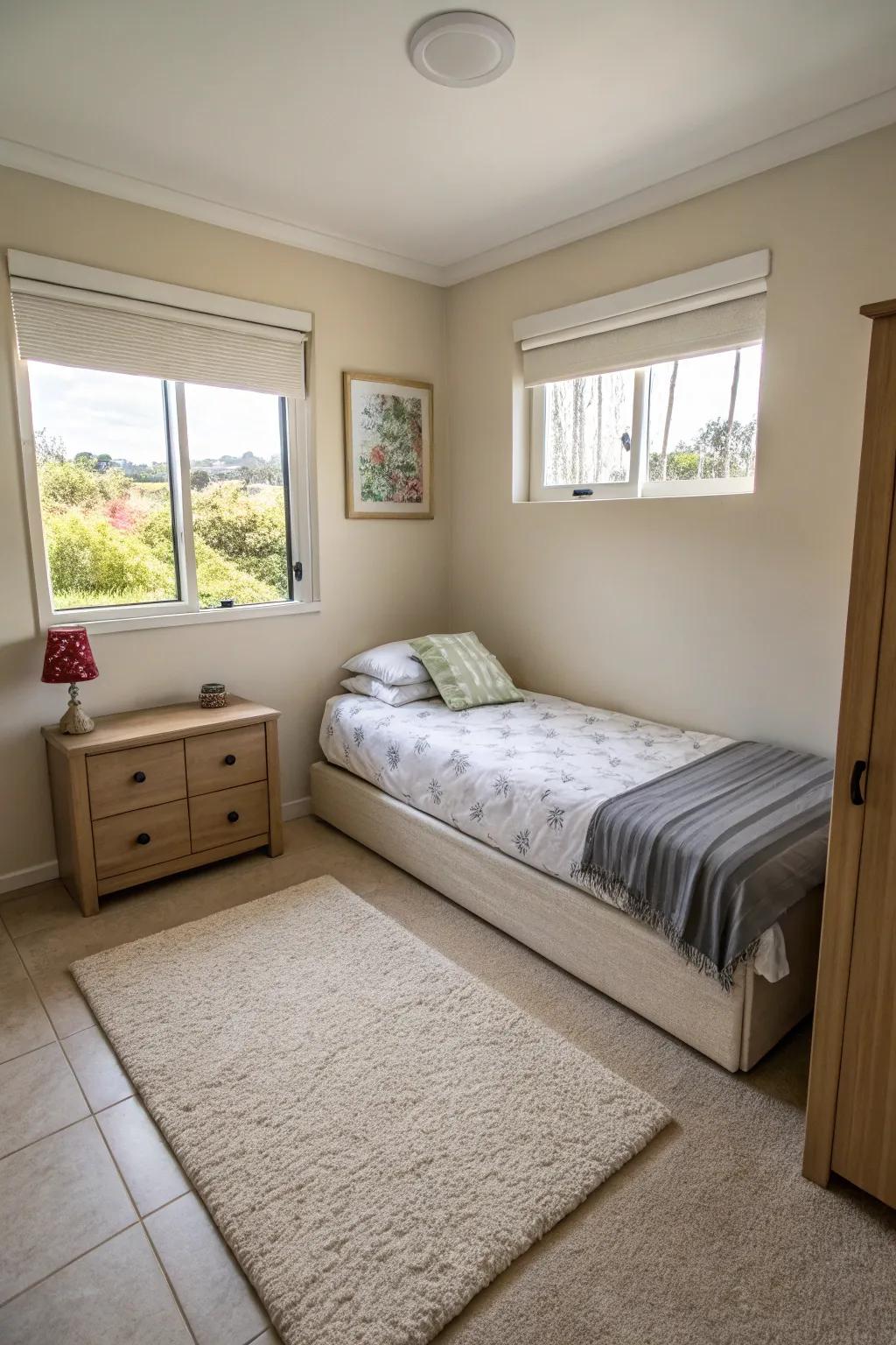 Corner bed arrangement that opens up floor space.