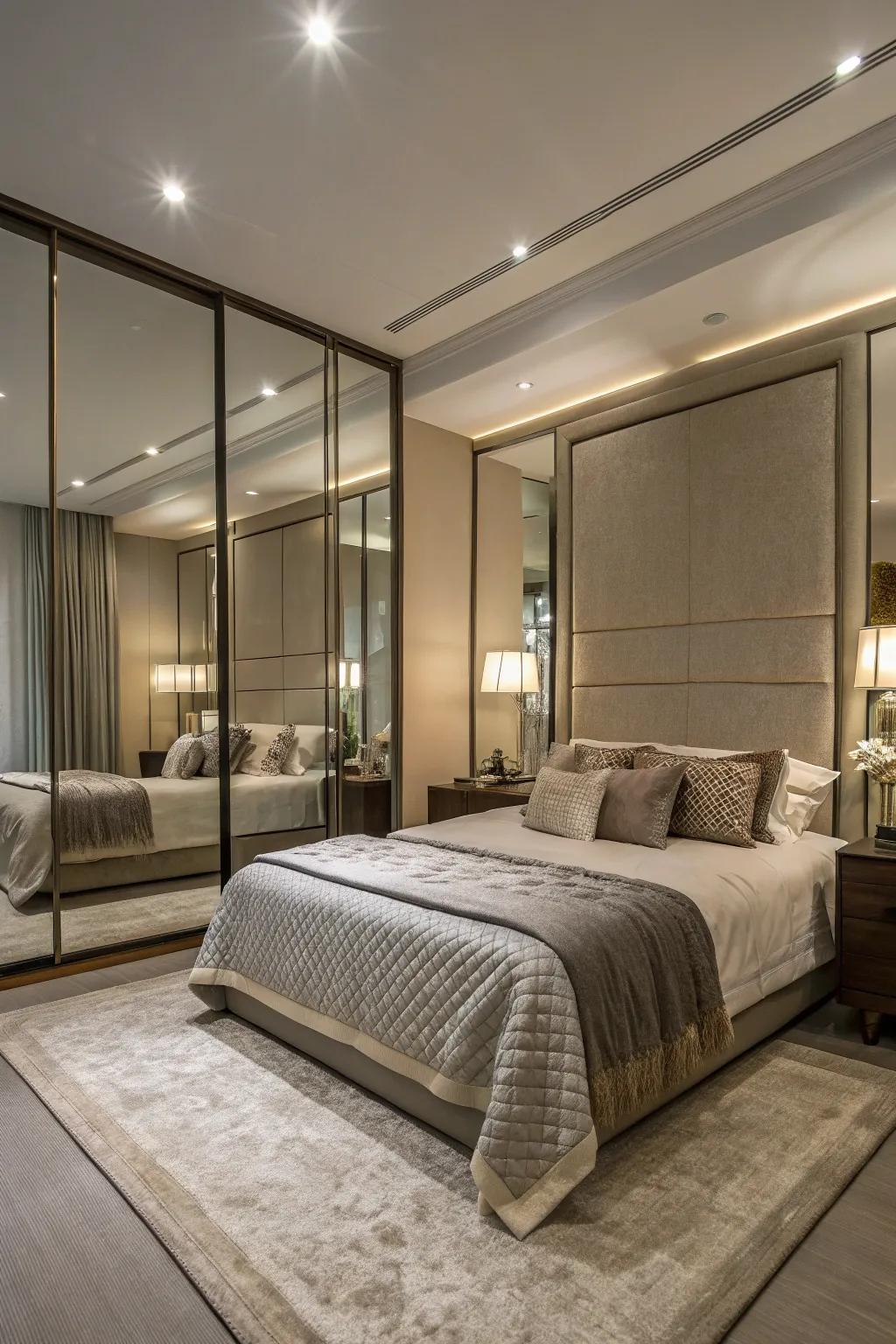 Mirrors enhancing brightness and spaciousness near a corner bed.