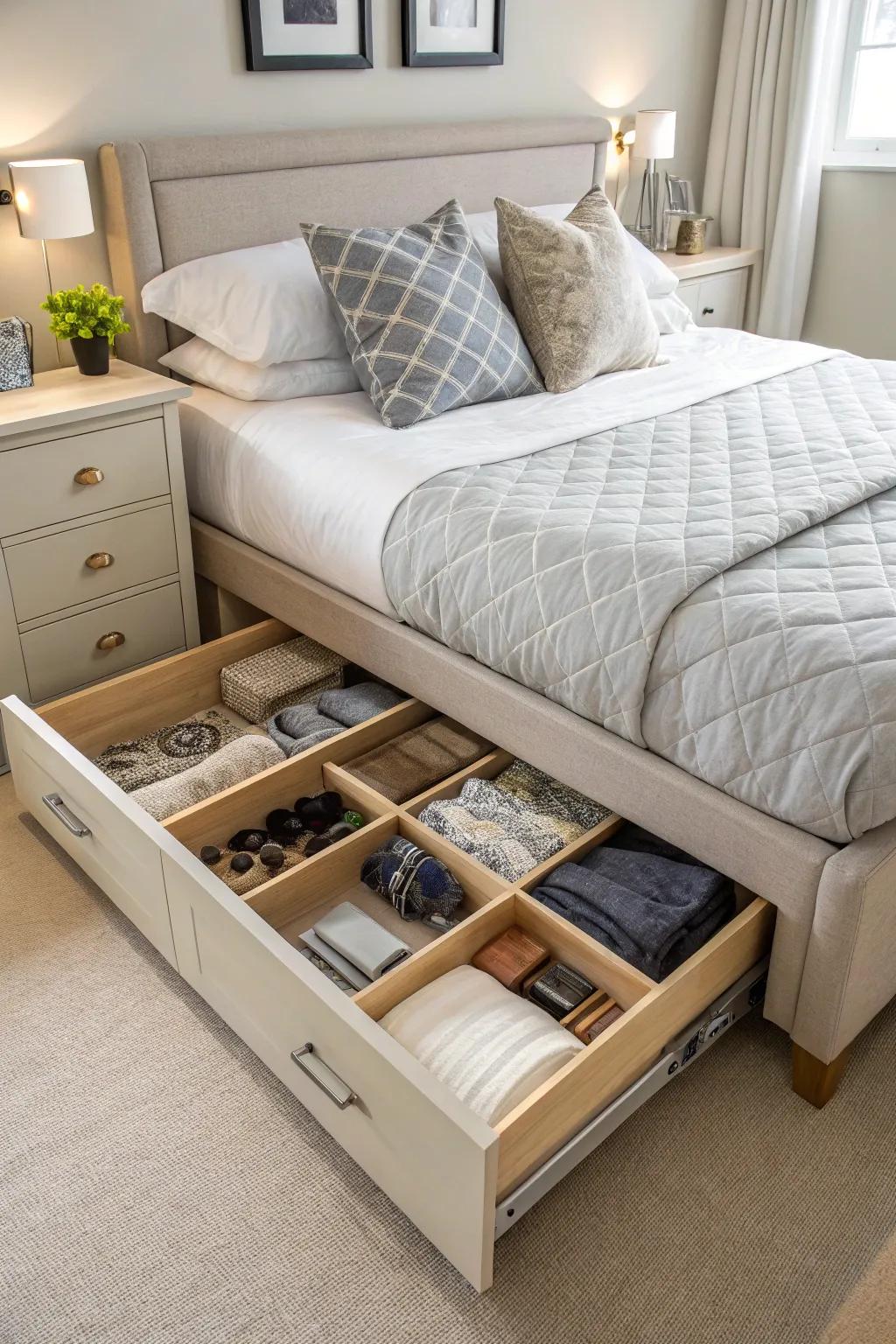 Under-bed storage solutions keeping the room organized.