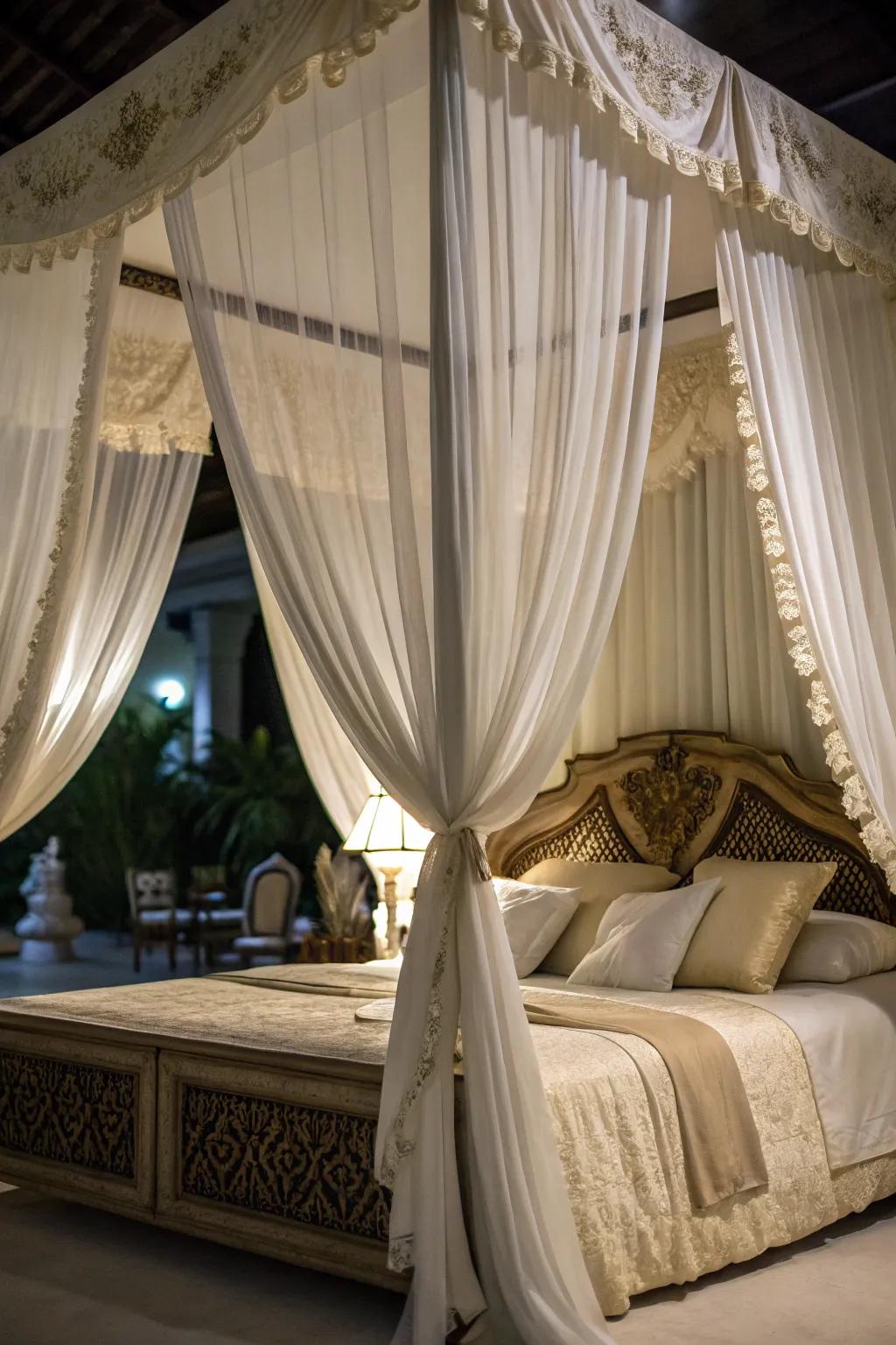 A canopy adding elegance and intimacy to a corner bed.