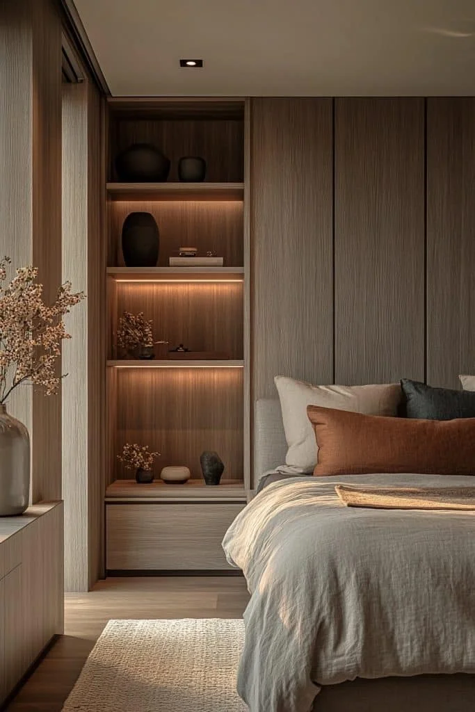 Sleek Shelving in Minimalist Bedroom