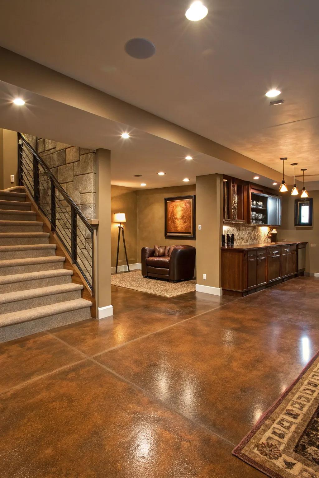 Stained concrete floors offer a sleek and modern look.