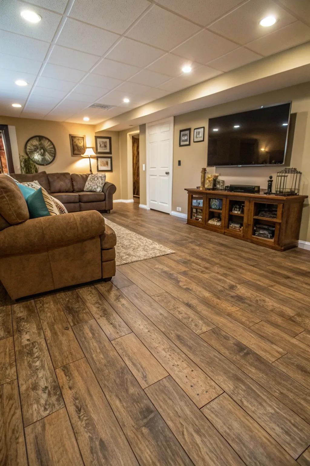 Vinyl planks mimic hardwood beautifully and affordably.