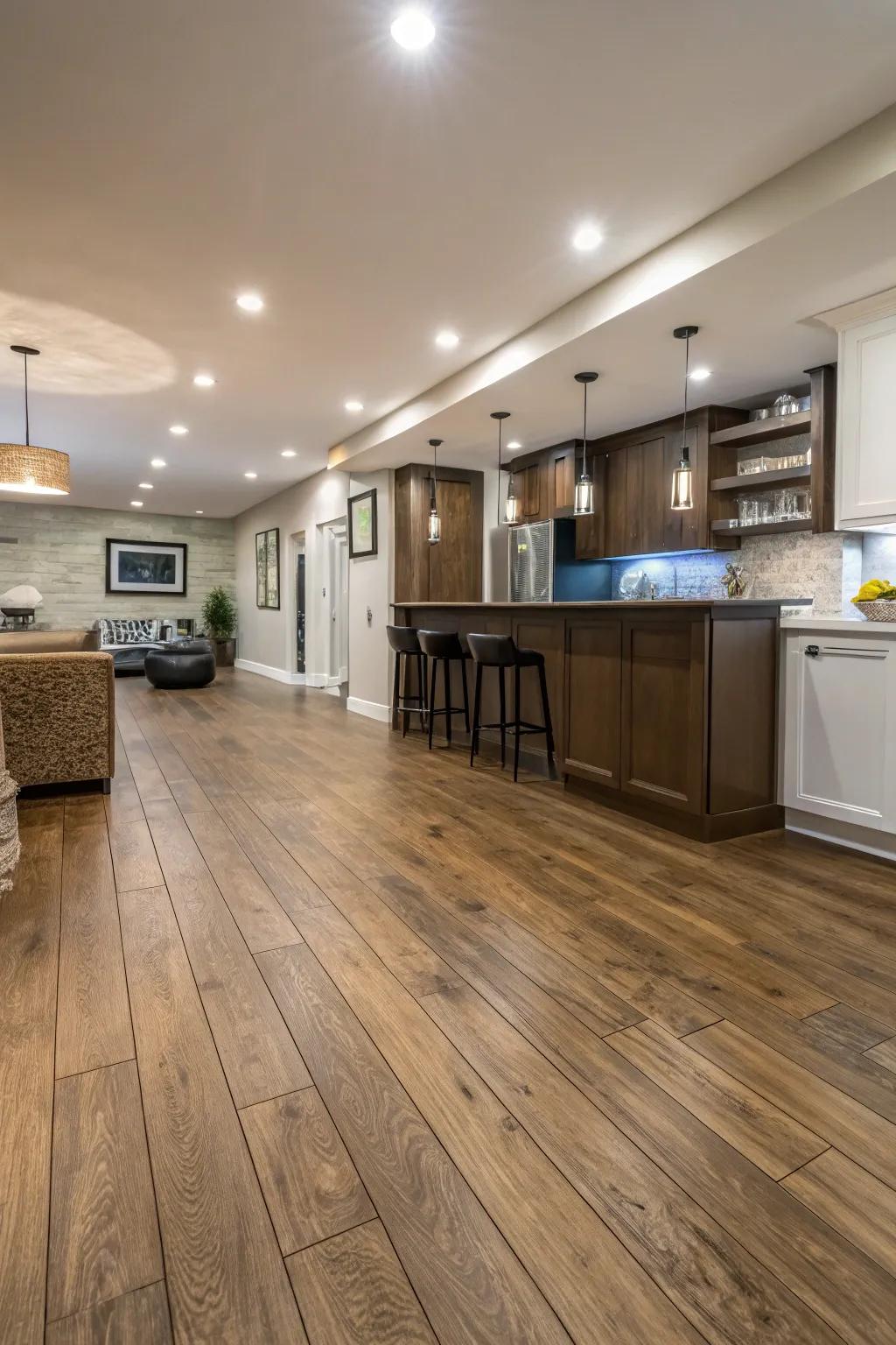 Laminate flooring offers style and practicality.