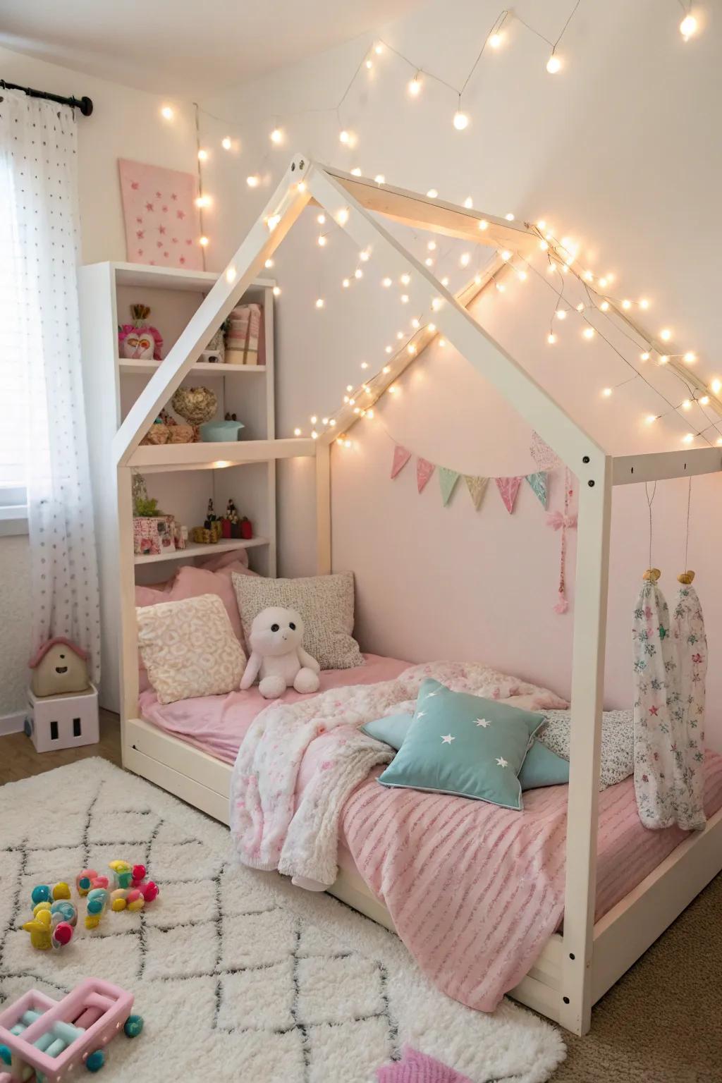 A whimsical house-shaped bed adds charm and comfort.