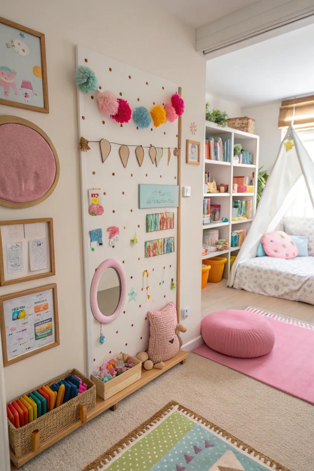 A sensory wall invites tactile exploration.