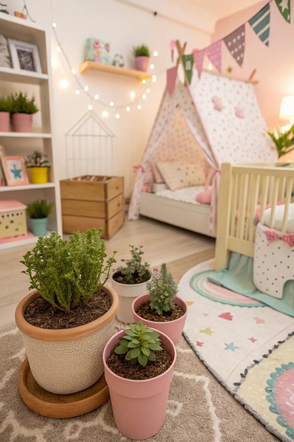 A small indoor garden adds freshness and life.