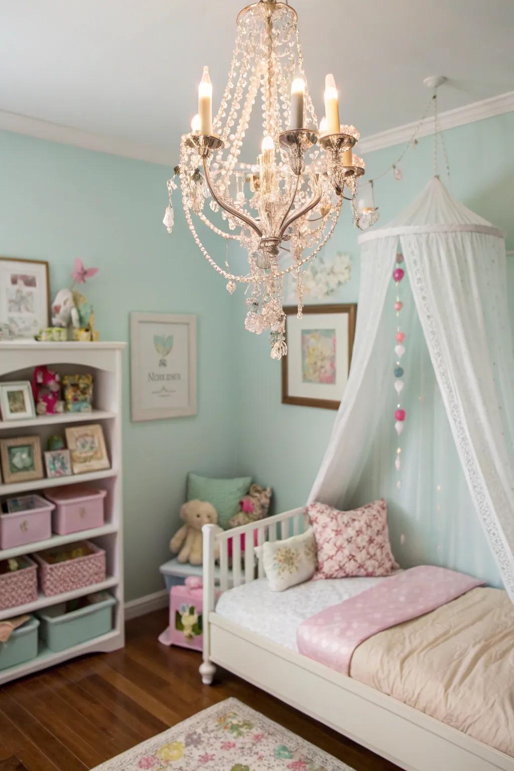 A charming chandelier adds elegance and warmth.