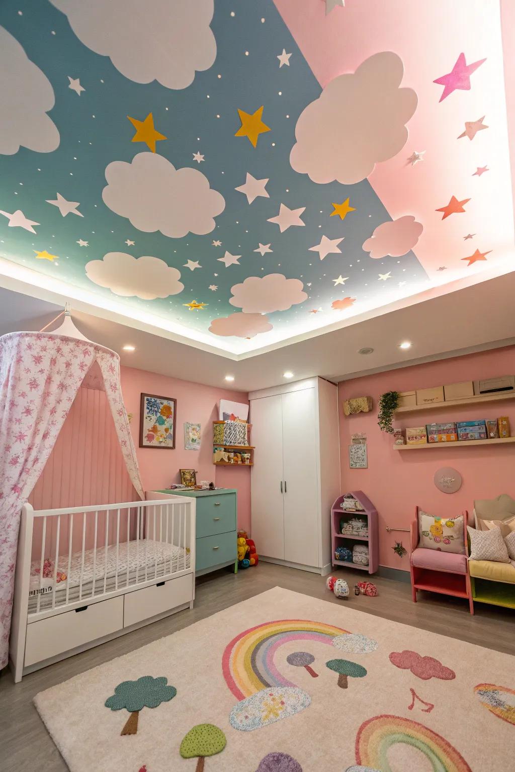 A vibrant ceiling mural adds wonder and delight.