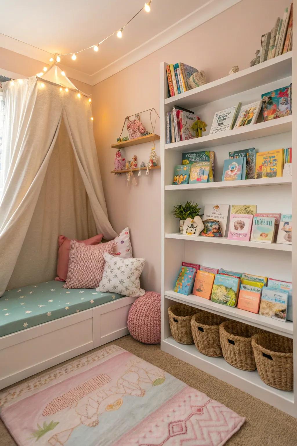 A cozy reading nook fosters a love of books.