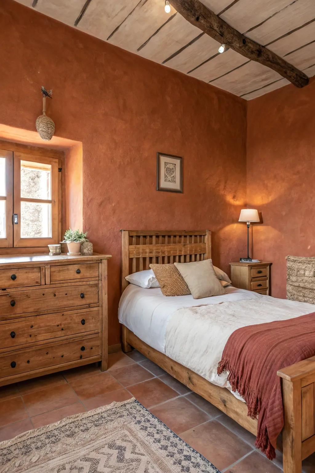 Earth tones combined with wood evoke rustic comfort.