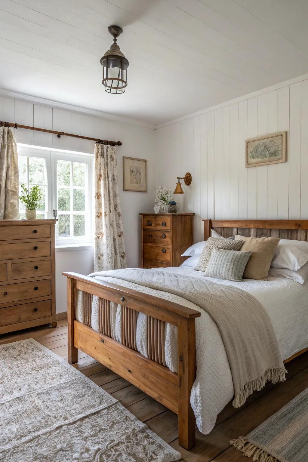 White walls paired with wood furniture create a fresh, airy space.