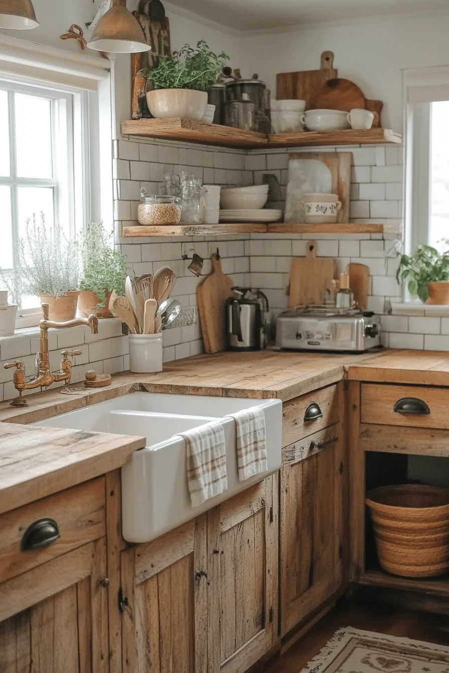 Rustic kitchen with wooden shelves and vintage accessories