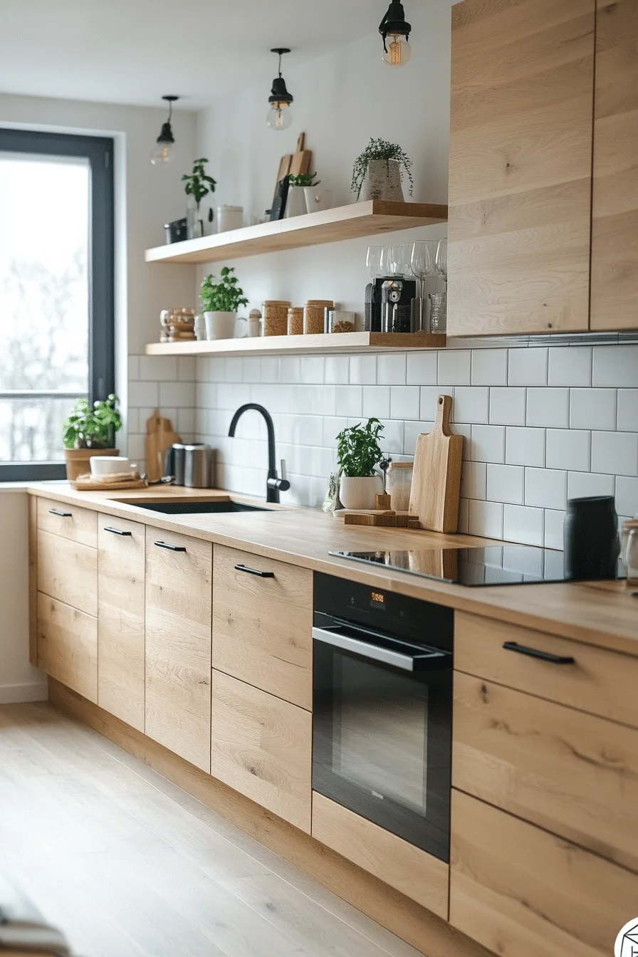 Scandinavian style kitchen with white surfaces and light wood