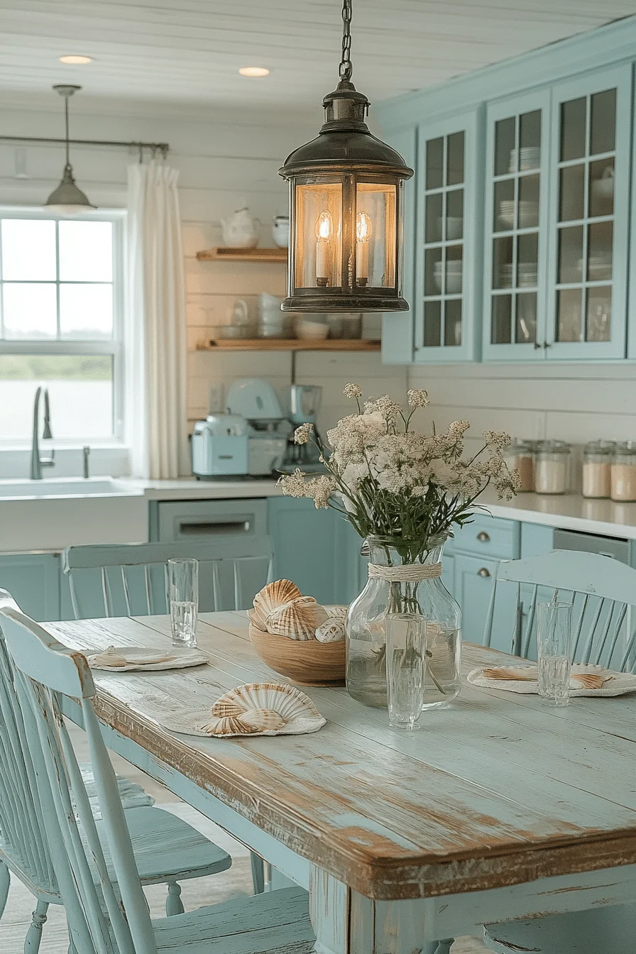 Beach-themed kitchen with blue accents and natural textures