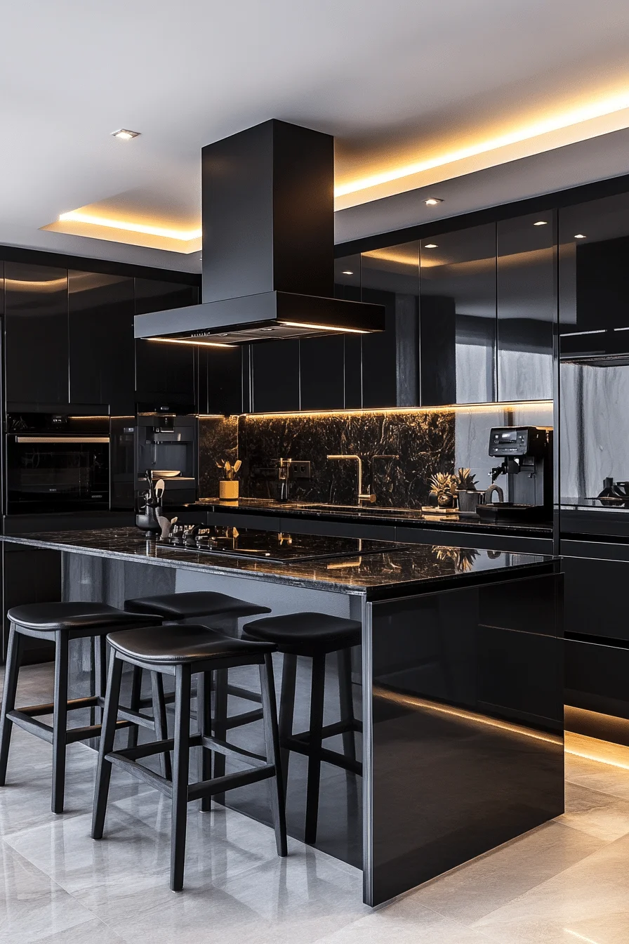 Modern kitchen with high-gloss surfaces and integrated lighting