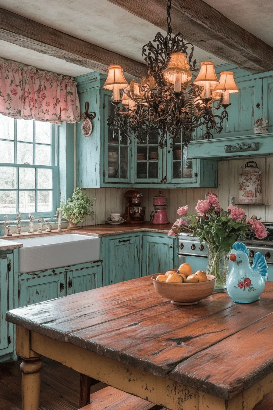 Rustic kitchen with pastel colors and floral accents