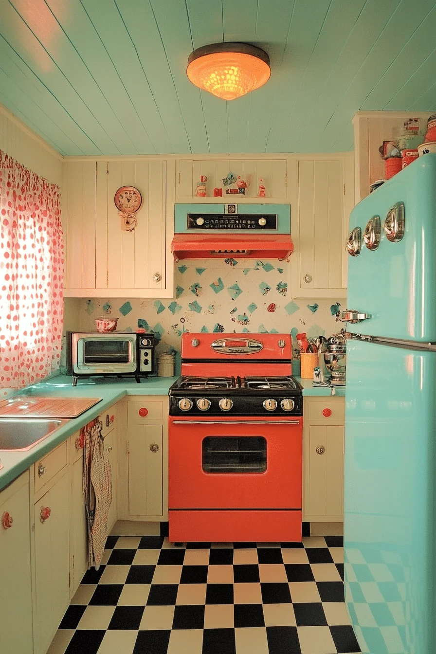 Retro kitchen with nostalgic colors and vintage accessories