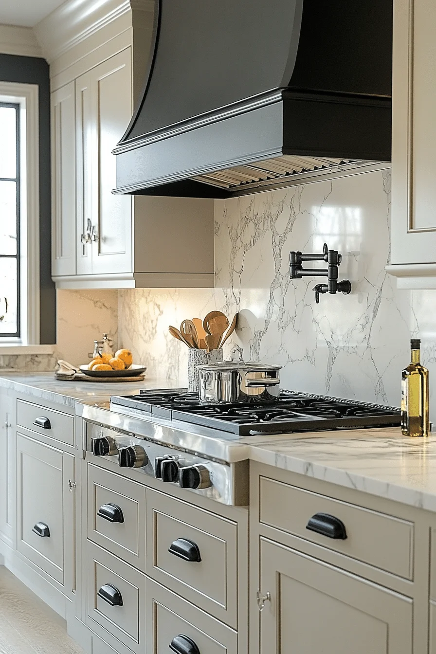 Kitchen with marble-look surfaces and gold accents