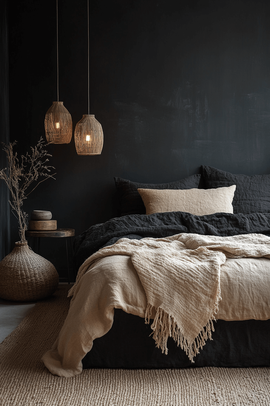 Layered Textures in Dark Boho Bedroom