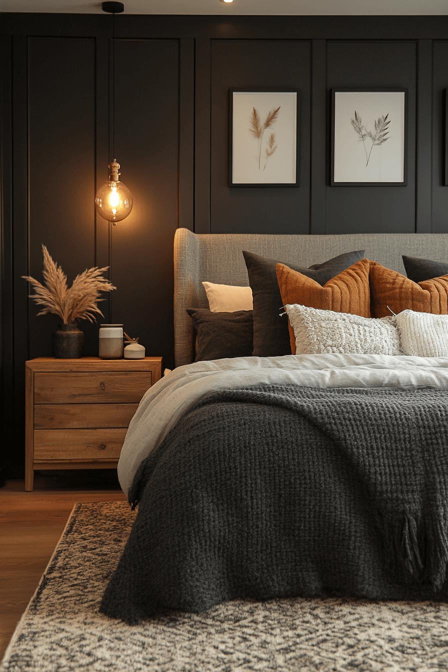 Charcoal and Light Wood Dark Boho Bedroom
