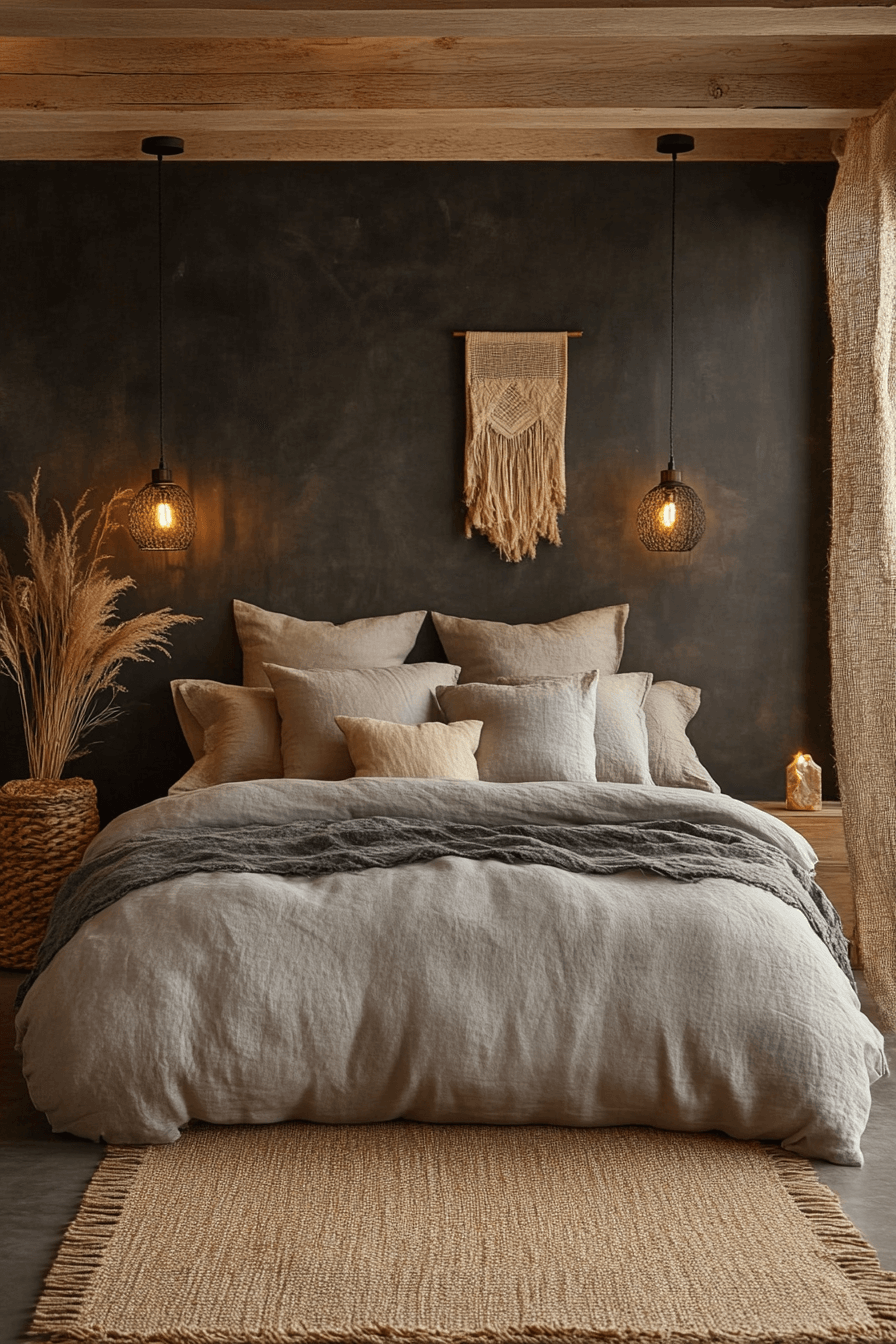 Soft Gray and Taupe Dark Boho Bedroom
