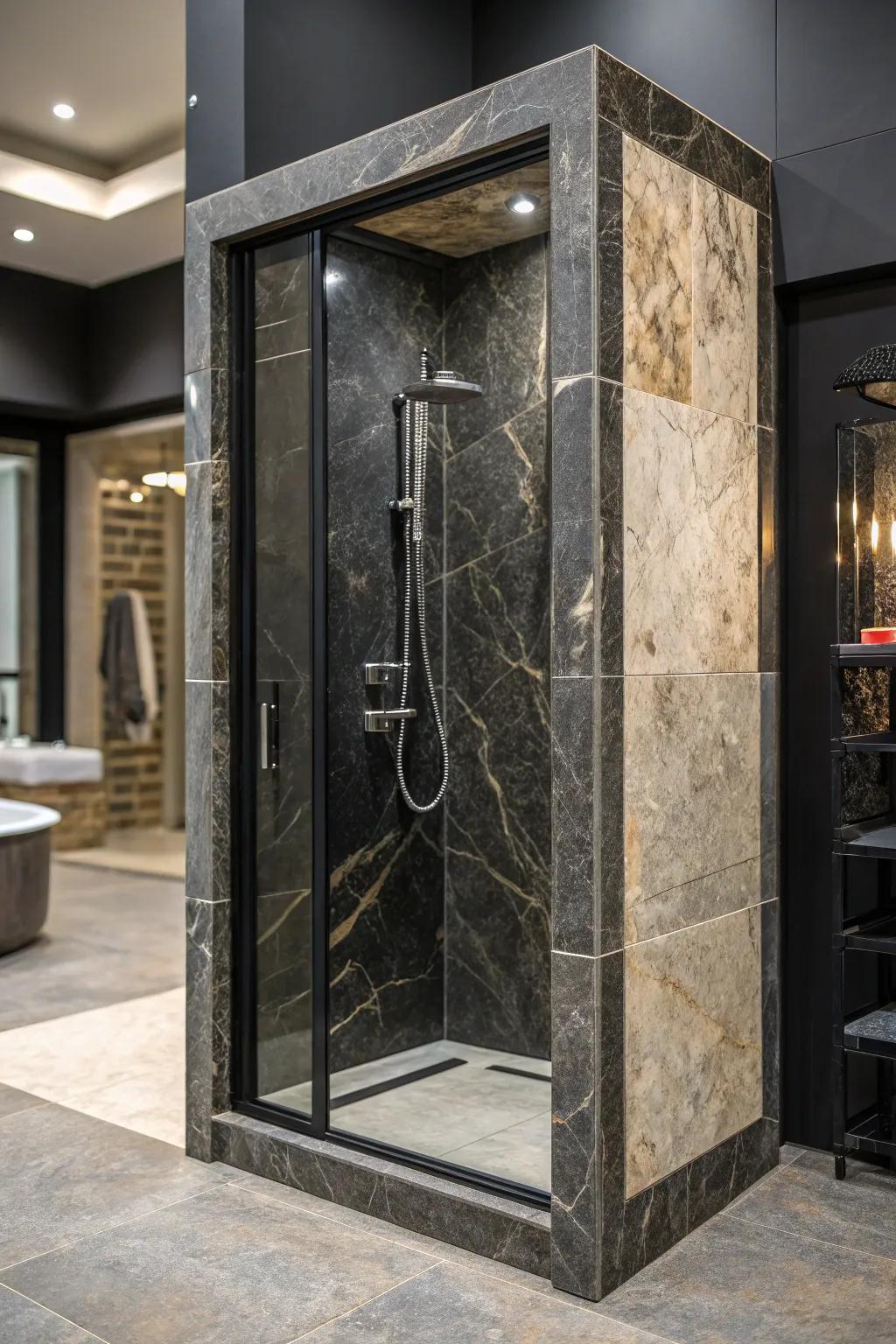 Shower stall framed with striking natural stone for a dramatic effect.