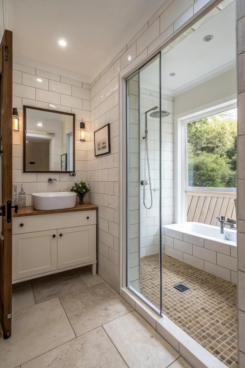 Spacious walk-in shower enhancing bathroom accessibility and openness.
