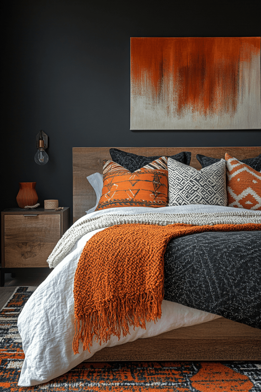 Slate Bedding and Creative Lighting Dark Boho Bedroom