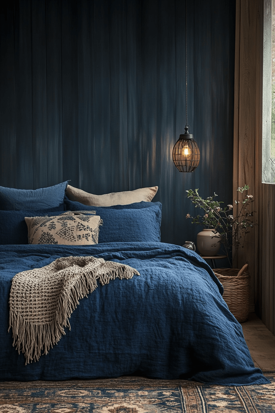 Blue-Gray Layered Textures Dark Boho Bedroom