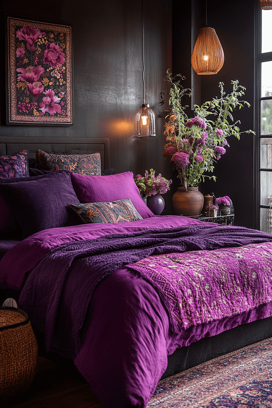 Charcoal Walls and Textured Bedding Dark Boho Bedroom