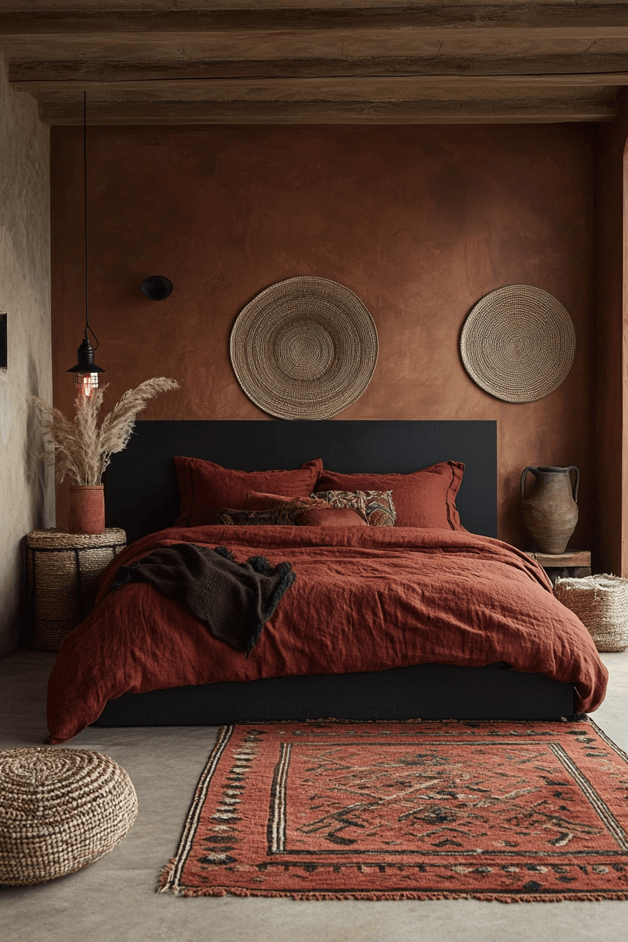 Clay Red and Burnt Umber Dark Boho Bedroom