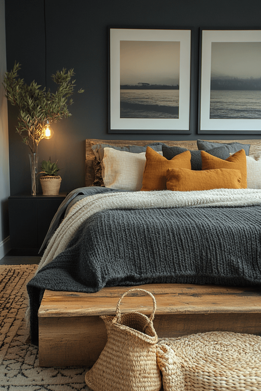 Grayscale and Raw Textures Dark Boho Bedroom