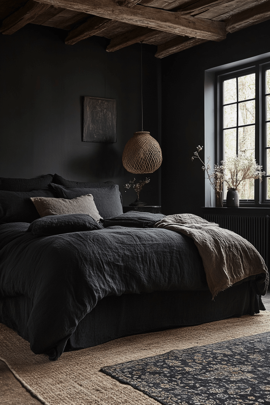 Black and Neutral Modern Dark Boho Bedroom