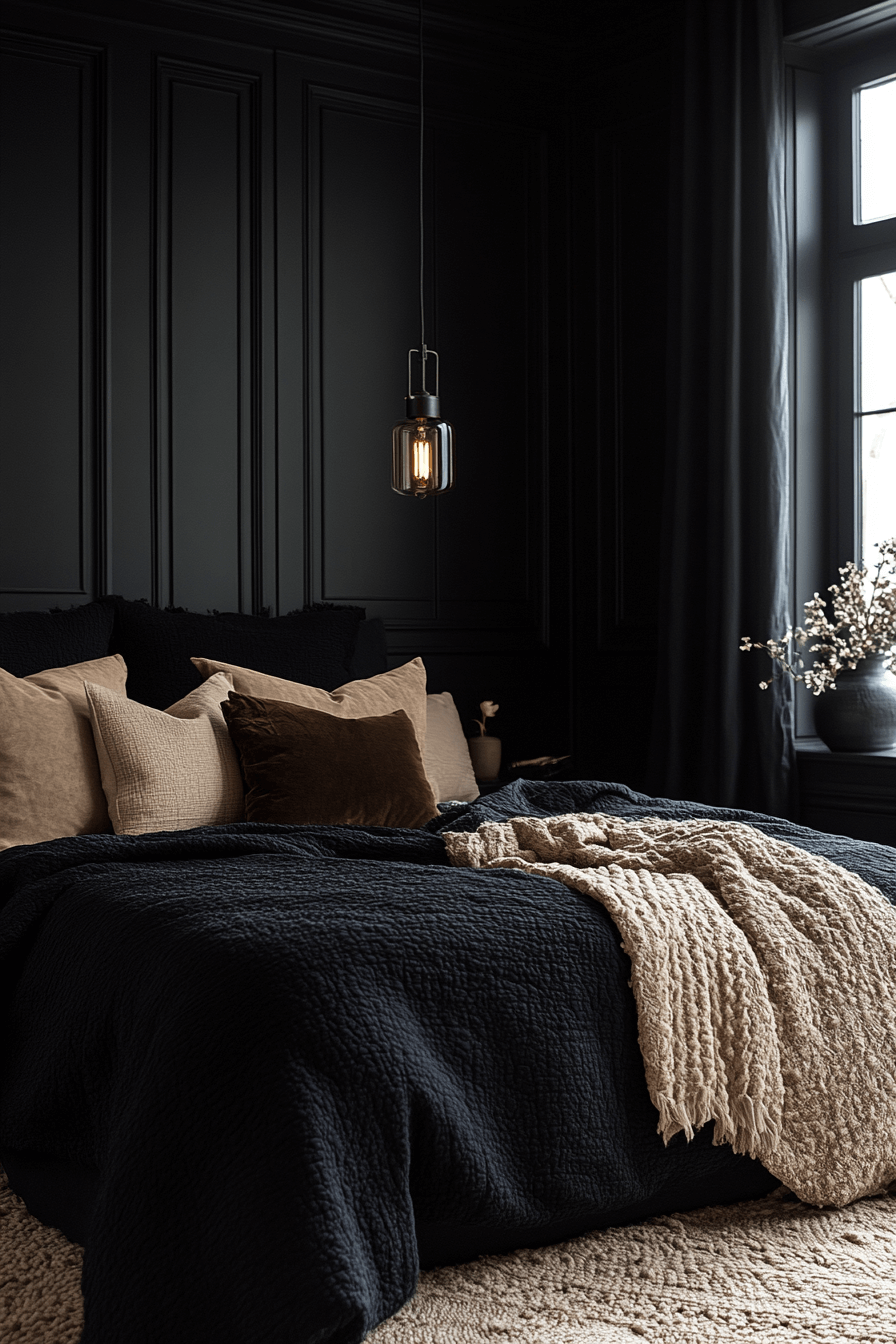Black and Caramel Dark Boho Bedroom