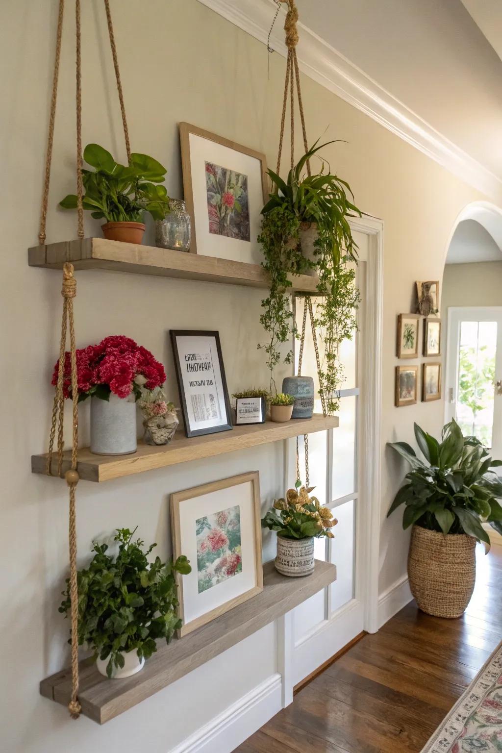 Floating shelves combine storage and style in entryways.