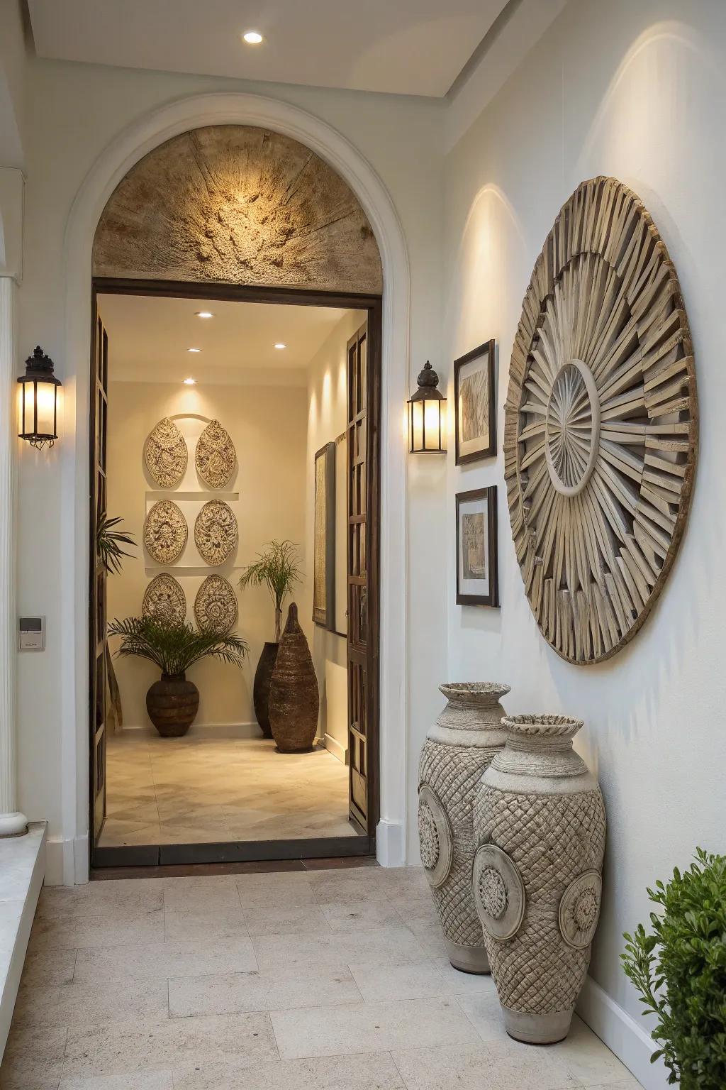 Sculptural wall art adds texture and elegance to entryways.