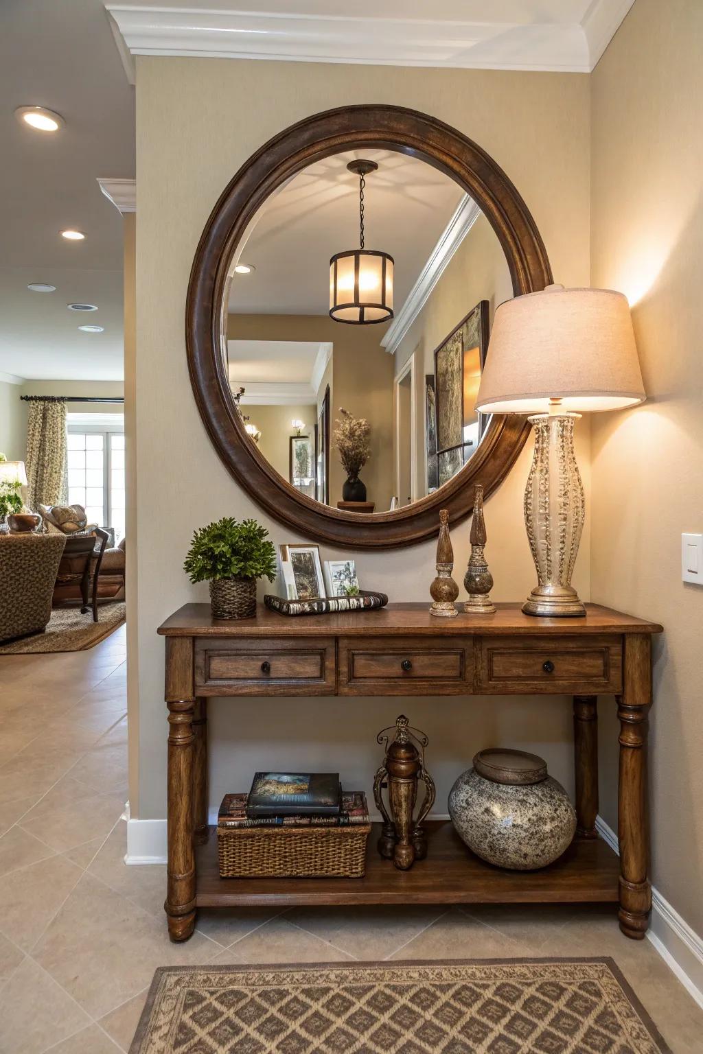 Mirrors brighten and enlarge entryway spaces.