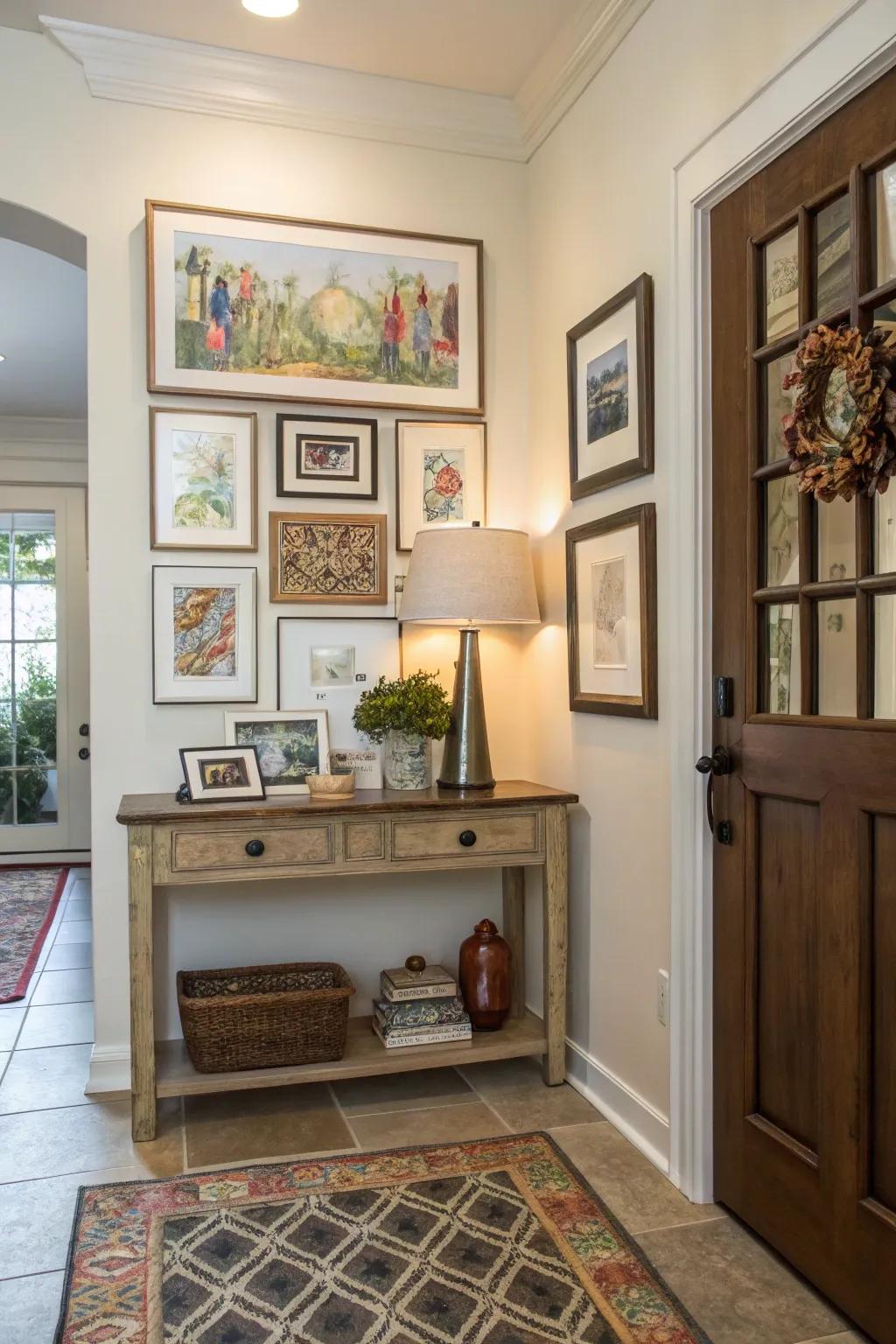 Gallery walls bring personality and warmth to entryways.