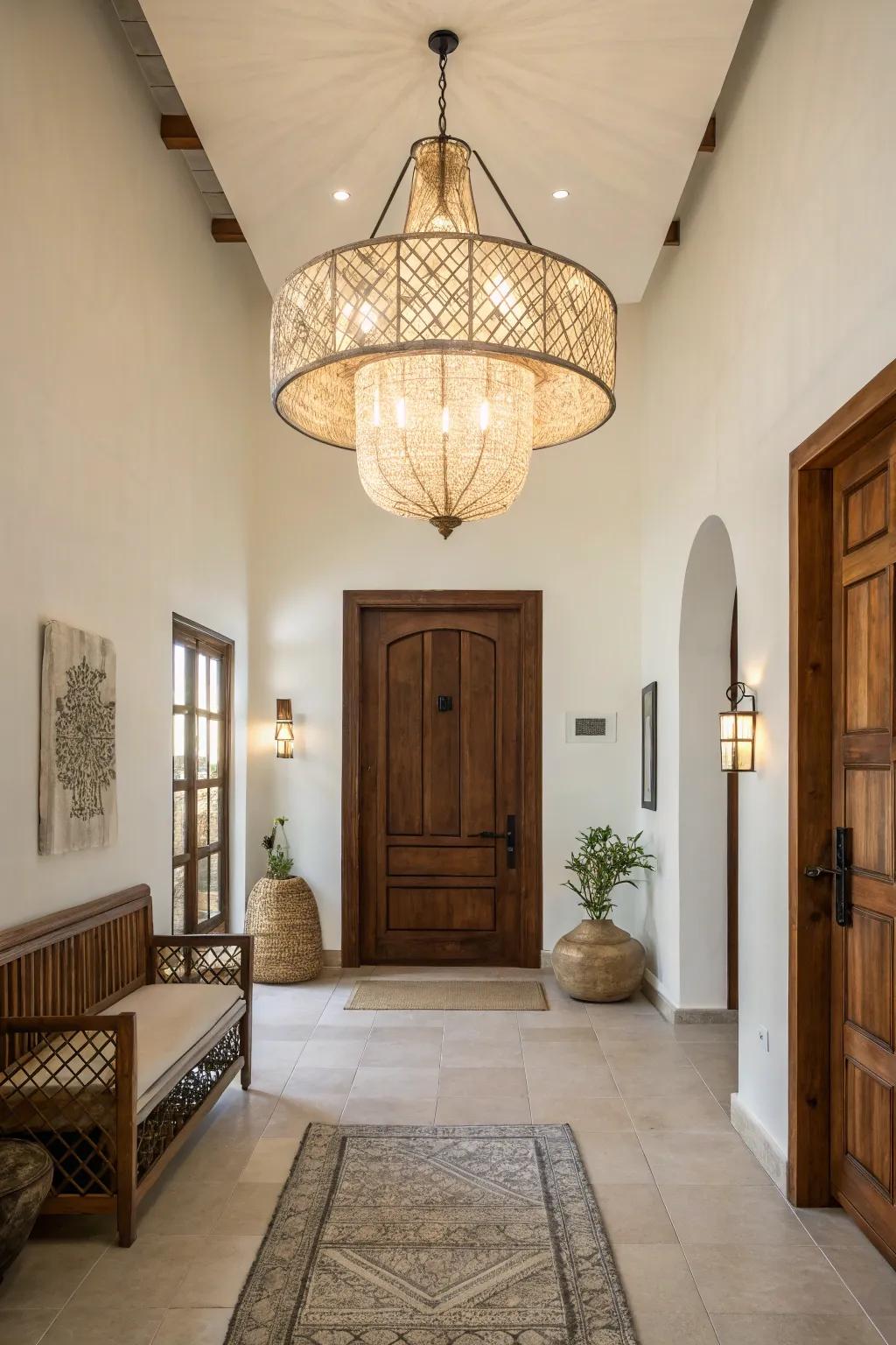 Statement lighting enhances entryway ambiance and style.