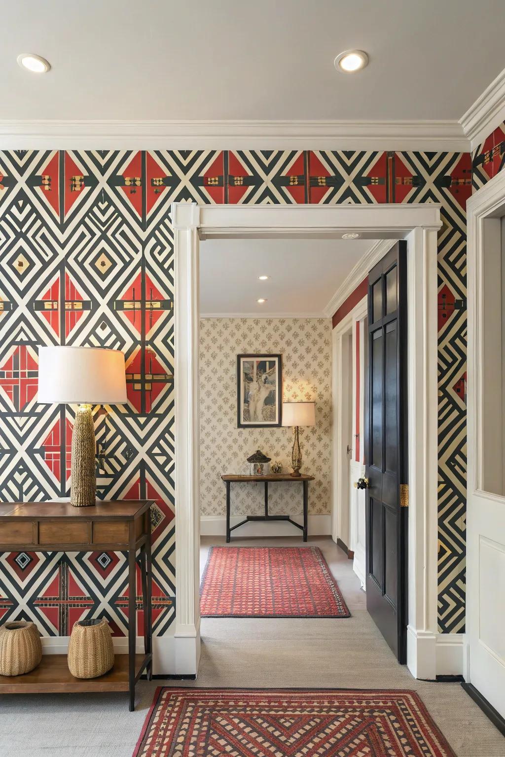 Bold wallpaper creates a vibrant and artistic entryway.