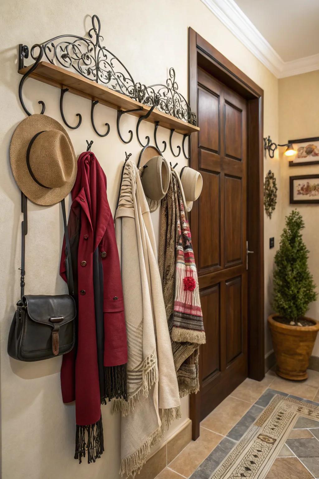 Decorative hooks offer both style and practicality in entryways.