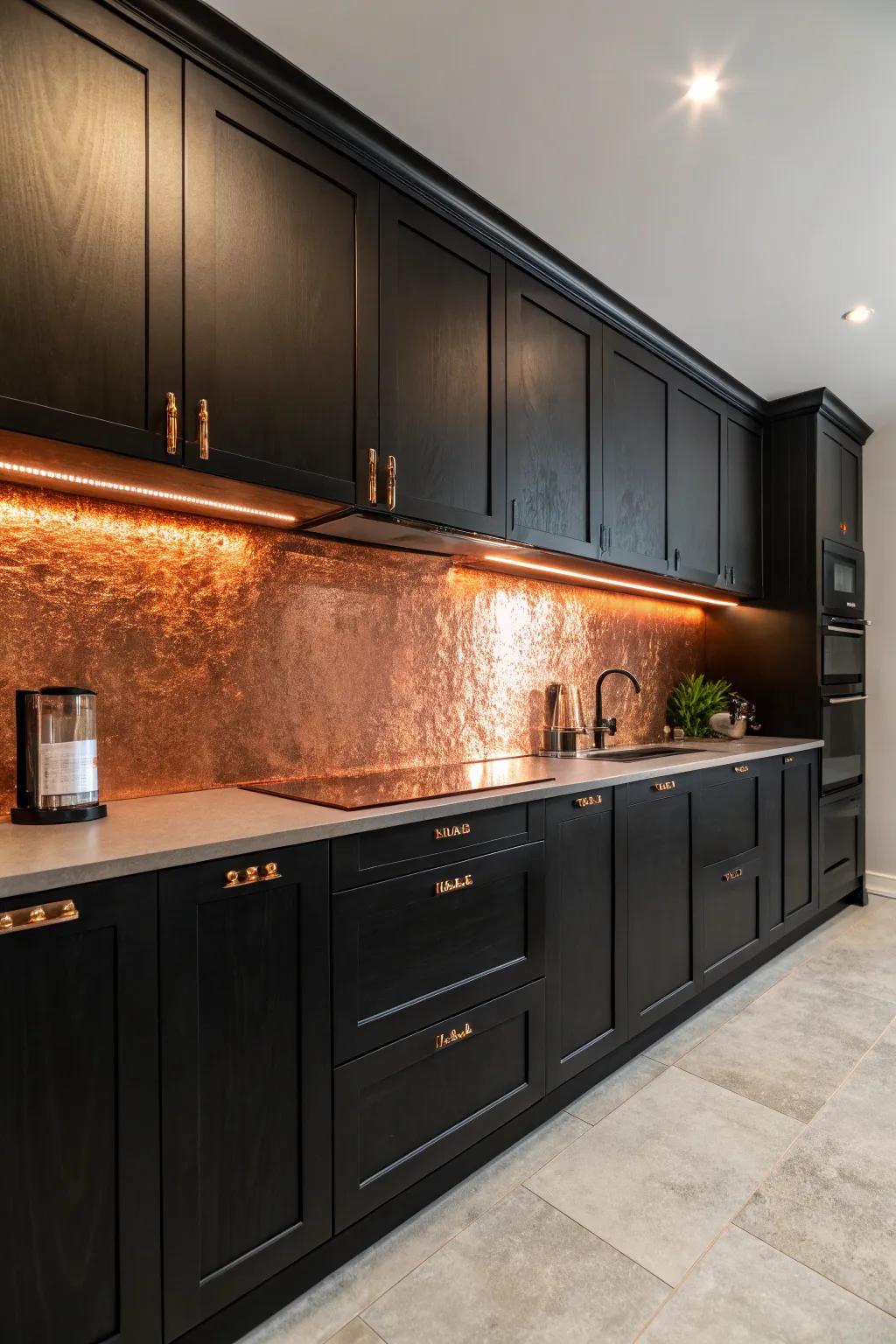 Copper splashbacks add warmth and texture to sleek black kitchens.